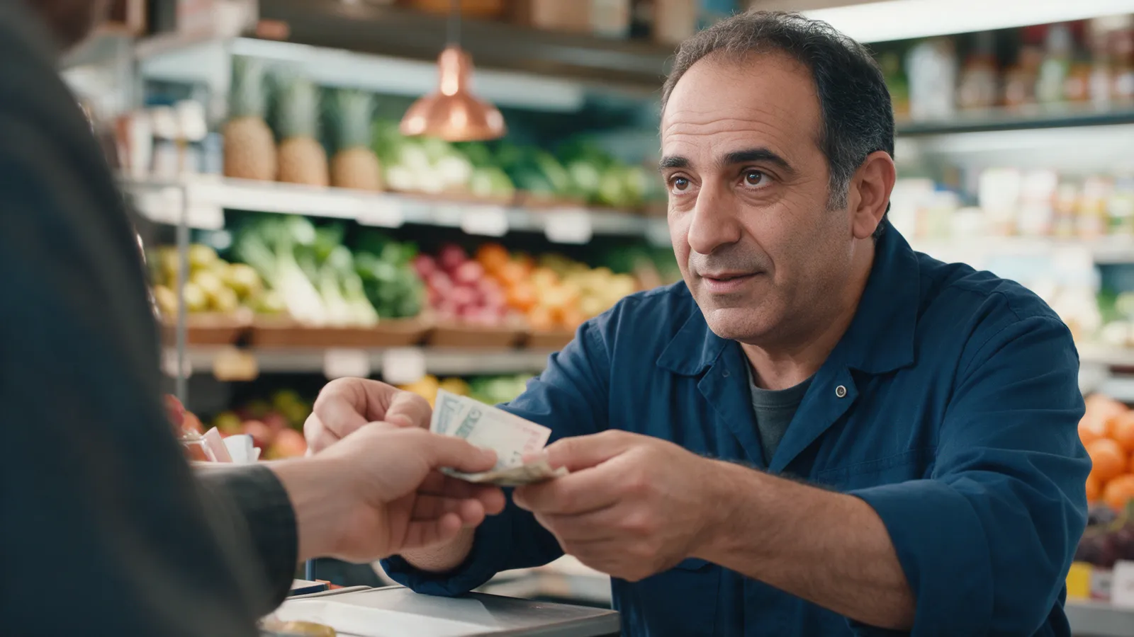 בעל מכולת מקבל תשלום במזומן ליד הדלפק